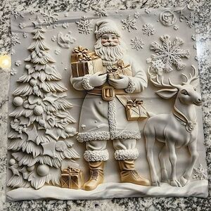 White Christmas Velvet Pillow Cover with Santa Claus Tree Reindeer 17.5” 3D-look